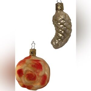 Two Inge Glas Christmas Ornaments Rose Beauty & Pinecone Sparkly Beige 3”Germany